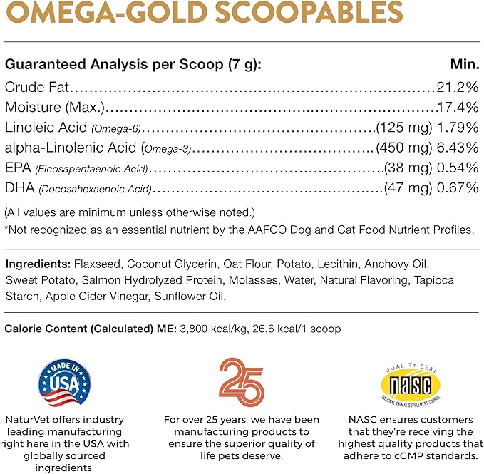 NaturVet Scoopables Omega-Gold Anchovy Oil & Salmon Supplement For Dogs and Cats - Supports Healthy Skin & Coat Plus DHA, EPA, Omega-3, & Omega-6 - Anchovy & Salmon Flavored For Dog and Cat | 11oz Bag