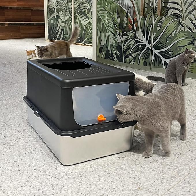Litter Box with Lid, Stainless Steel Litter Box XL, 14" H Metal Cat Box with High Sides Wall Enclosure, Cat Pan, Non-Sticky, Easy Clean, Anti-Leakage, Black