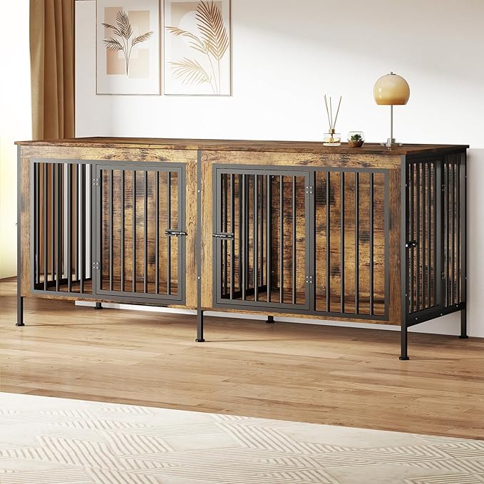 78 Inch Dog Cage Furniture for 2 Large/Medium Dogs with Removable Divider, Extra Large Double Doors Dog Kennel, XXL Thick Wooden Dog cage Furniture, Durable and Sturdy, Brown