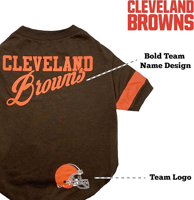 Pets First NFL Cleveland Browns Dog & Cat T-Shirt, Small. Football Pet Shirt with Team Name & Logo, Striped Sleeves, Poly-cotton Material, Brown, Unisex, Sports Fashion, Casual Wear