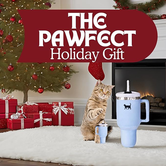 Kitty Cup Tumbler Cat Toy – Funny Cat Birthday Gifts with Catnip & Crinkle Paper, Cute Girl Kitten Toys (Chambray Blue)