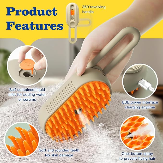 Cat Steam Brush for Shedding with Foldable Handle 4 in 1 Rechargeable Steam Brush for Cats and Dogs,Haired Pets Spritz Defur Comb for Cats Pet Spray Grooming Tool for Hair Removal & Massage