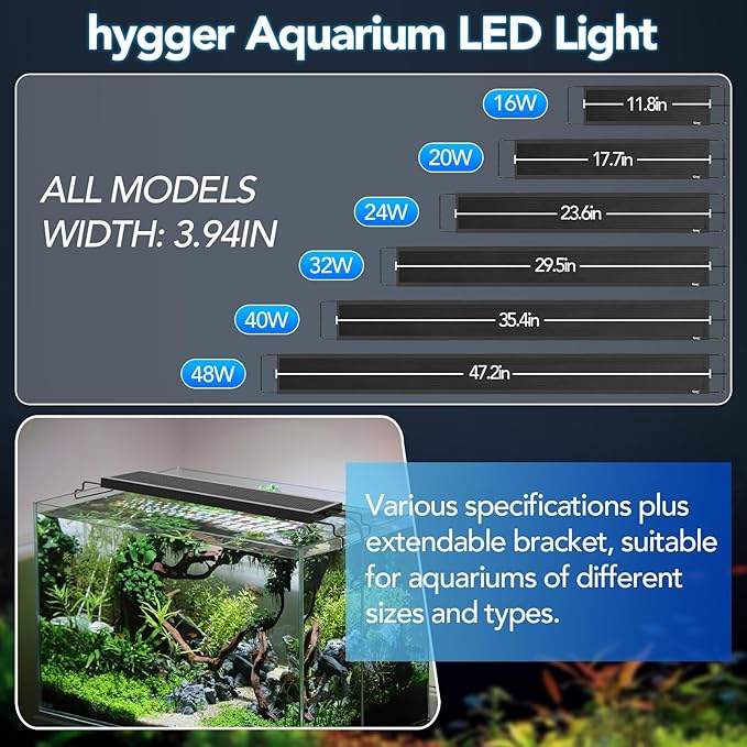hygger Sun Moon LED Aquarium Light, Full Spectrum Fish Tank Light Day-Night Dual Timer, Adjustable 6 Timer 10 Brightness 8 Colors for Planted Freshwater Tank (16W for 12~18in Long Tank)