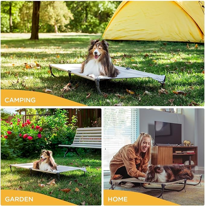 Daisy Cot, Large Foldable Elevated Dog Bed, Portable Raised Outdoor Folding Dog Cot, Cooling, Chew Proof, Waterproof, Heavy Duty Up to 160 Lbs for Camping/Home, Brown, 43"x27"x7β