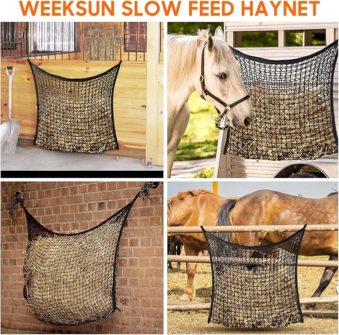 4 PCS Slow Feed Hay Net, Hay Bags for Horses with Large Capacity, Horse Feed Bag Easy to Hang, Hay Nets for Horses for Horse Feeder Full Day Feeding Horses Goat Stall Trailer (31.5" x 35.1")