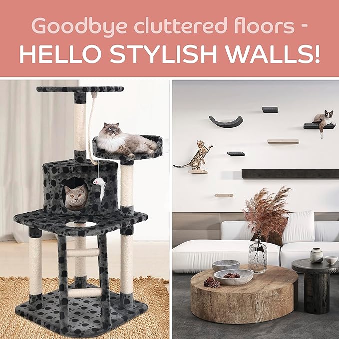 Wall Mounted Cat Steps Short Shelves (2) by Pryde Pets - Stairs for Walkways, 100% Sustainable PET Felt Feline Enrichment Climber Furniture for Indoor Cats, Modern Climbing Gym Design (Charcoal)