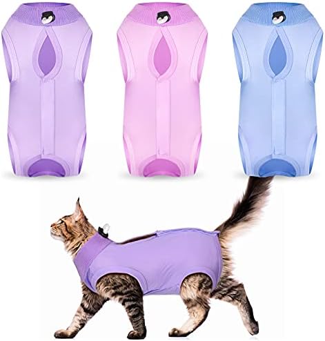 Nuanchu 3 Pieces Cat Recovery Suit Kitten Recovery Suit E-Collar Alternative for Cats and Dogs Abdominal Skin Anti Licking Pajama Clothes Sets(Solid Pattern,Large)