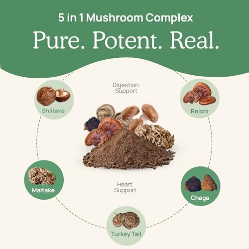 Real Mushrooms 5 Defenders Mushroom Complex – Organic Adaptogenic Mushroom Blend with Chaga, Reishi, Turkey Tail, Maitake & Shiitake for Wellness Support - Mushroom Beta Glucan Capsules - 200 Count