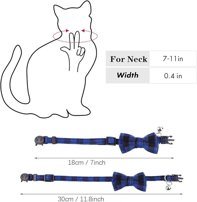 2-Pack Plaid Cat Collar with Bell and Bow, Breakaway Kitten Collar with Bell, Bowtie Puppy Collars for XXS Xs Small Little Pet Tiny Dogs, Red+Blue