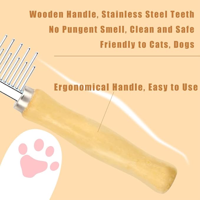Dog Cat Grooming Comb with Wooden Handle Stainless Steel Teeth, Pet Grooming Supplies Accessories for Hairy Pets (Dual Teeth)
