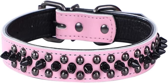 Spiked Studded Dog Collar, Genuine Leather Dog Collar, Adjustable Pet Collars for Medium Large Bulldog Pitbull Mastiff Poodle Boxer (M:29-38cm, Pink-1)