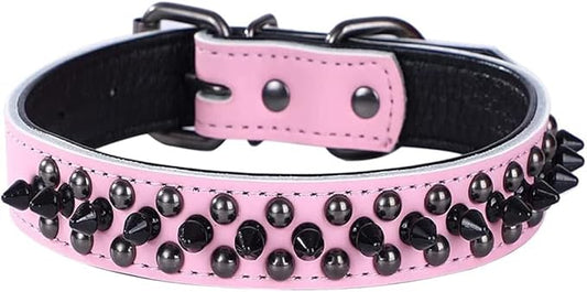 Spiked Studded Dog Collar, Genuine Leather Dog Collar, Adjustable Pet Collars for Medium Large Bulldog Pitbull Mastiff Poodle Boxer (M:29-38cm, Pink-1)