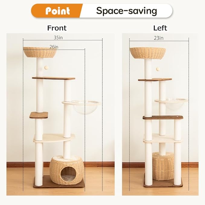 Wooden Cat Tower for Large Cats, 63’‘ Modern Multi-Level Condo with Natural Wood, Indoor Cat Furniture for Medium and Big Pets (White 81007DD)