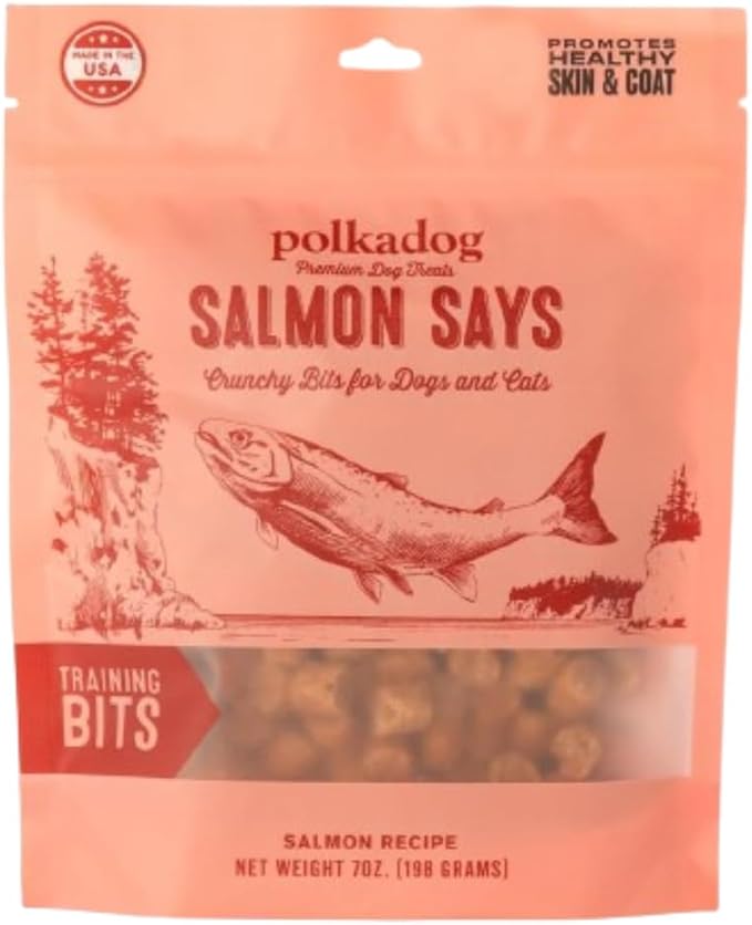 Polkadog Salmon Says Training Bits - Omega-3 Rich, Low Fat Healthy Dog Treat - Digestible, Vitamin & Mineral Packed Dog Snacks - Crunchy 3-Ingredient Treat, Ideal for Dogs with Allergies - 7oz