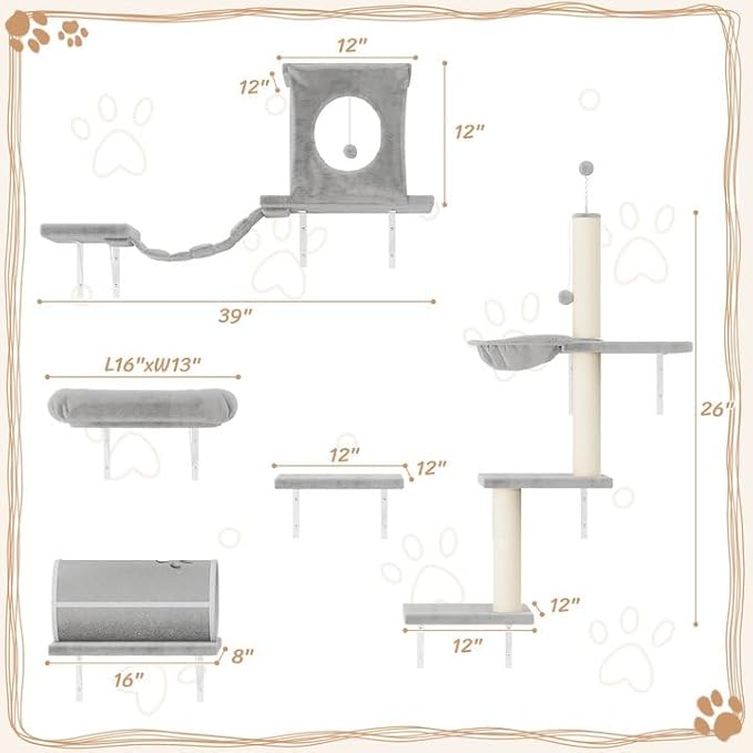 NUNU LAB 7-in-1 Wall Mounted Cat Climber Set, Cat Furniture Set with House, Tunnel, Bridge, Tree, Steps, Scratcher Board, Hammock, Luxury Wall Shelves for Indoor, Gray