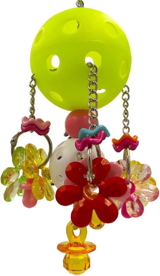 Pullable Bird Plastic Ball Toys with Acrylic Pacifiers and Flowers, Colorful Parrot Toys for Medium and Large Parrot Quaker Monk Parakeet Sun Conures (Light Green)