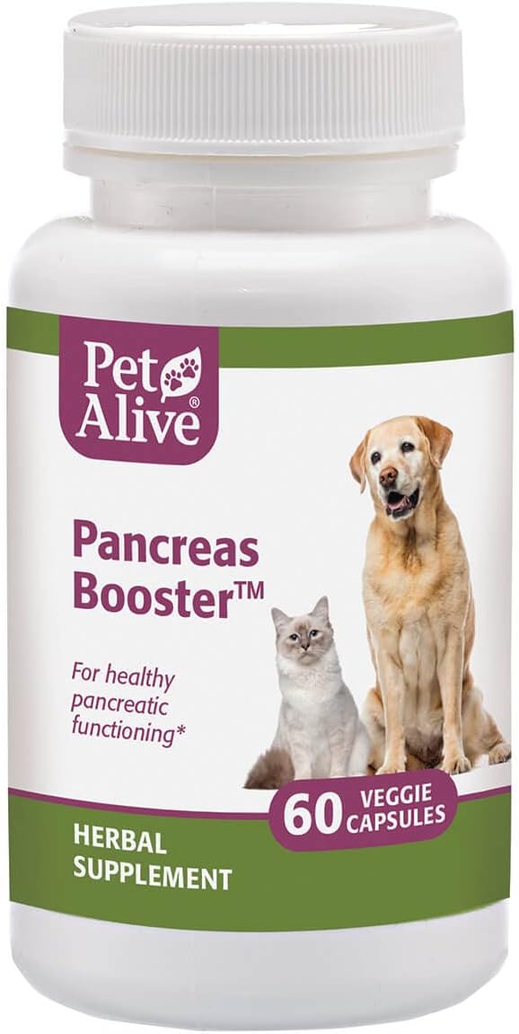 PetAlive Pancreas Booster - All Natural Herbal Supplement for Pancreatic Health and Digestive Functioning in Cats and Dogs - Supports Healthy Insulin Production - 60 Veggie Caps