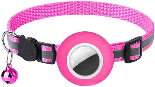 Tracker-Ready Breakaway Cat Collar (No Tracker Included) - Detachable GPS Holder + Safety Bell - Adjustable Reflective Collar with Quick-Release Buckle - for AirTag/Tile Compatible (Dark Pink)
