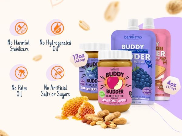 BUDDY BUDDER Barkin' Banana, 100% Natural Dog Peanut Butter, Dog Treat, Made in USA (17oz Jars)