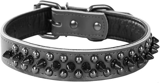 Spiked Studded Dog Collar, Genuine Leather Dog Collar, Adjustable Pet Collars for Medium Large Bulldog Pitbull Mastiff Poodle Boxer (M:29-38cm, Black-1)