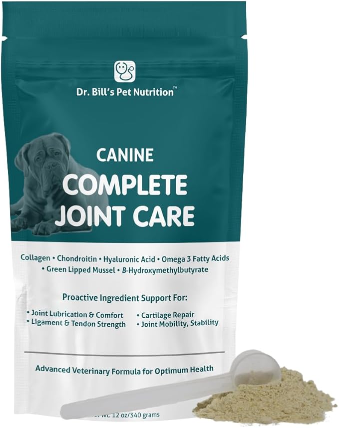 Dr. Bill’s Canine Complete Joint Care – Hip & Joint Supplement for Dogs for Mobility, Muscle Support & Inflammation Relief – Green Lipped Mussel, Chondroitin, Collagen, Omega-3 – Powder, 340g