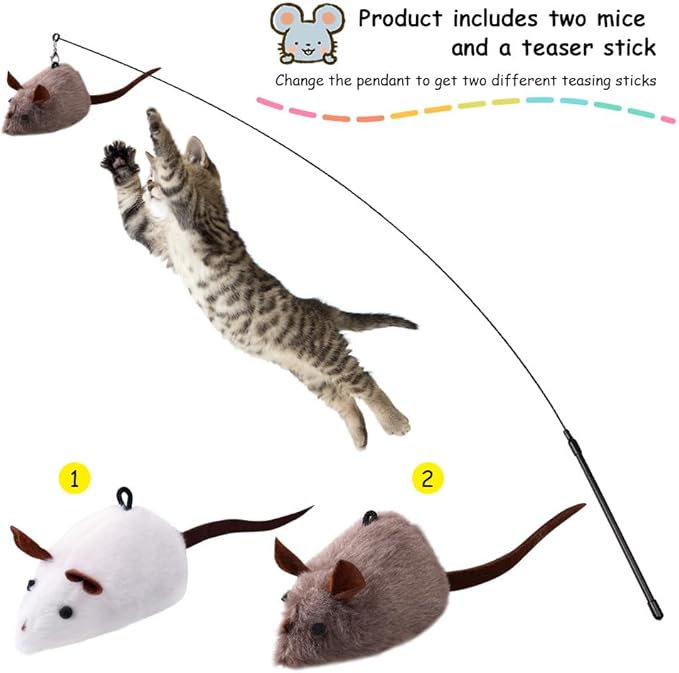 PAZ'S GIFT Cat Wand Toy, Mouse 2-Piece Catnip wzggle Sound Toy, Soft and Durable, Interactive cat Kick for Indoor Games