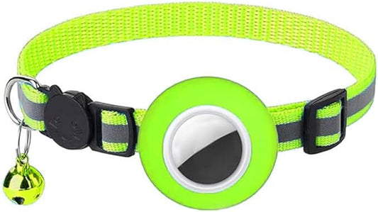 Tracker-Ready Breakaway Cat Collar (No Tracker Included) - Detachable GPS Holder + Safety Bell - Adjustable Reflective Collar with Quick-Release Buckle - for AirTag/Tile Compatible (Fluorescent Green)