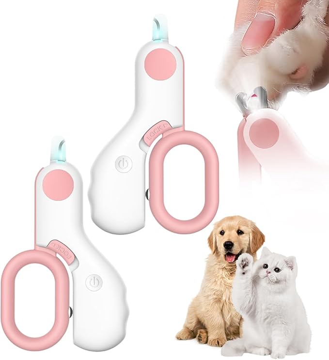 LED Pet Nail Clippers,Upgrade Cat Nail Clipper with Light,Cat Claw Trimmer Nail Clippers for Dogs,Trim Your Pets Nails Easy and Pain-Free Grooming Tool for Small Animals (Pink 2PCS)