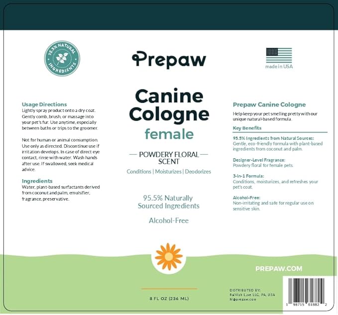 Natural Pet Cologne - Powdery Floral Scent, 3-in-1 Deodorizing, Conditioning & Moisturizing Spray for Dogs & Cats - Long Lasting. Daily Use, 8 fl oz (Female Pet)