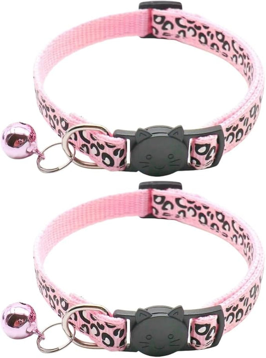 Reflective 2 Pack Breakaway Cat Collars with Bell Leopard Pattern Cute Kitty Adjustable 7.5-12.5 Inch Safe Kitten Collars Charms (Pink)