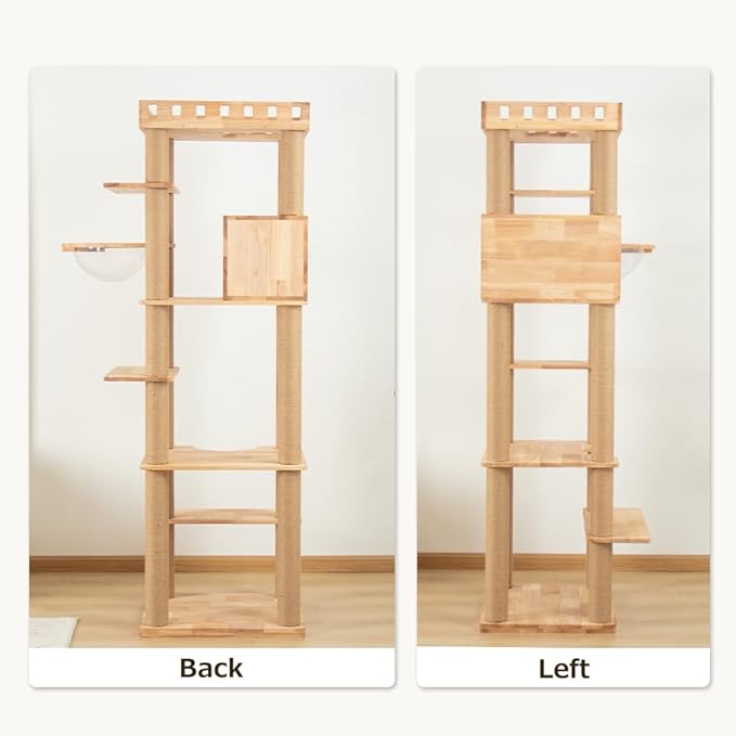 74.8" Wooden Cat Tree Tower for Large Cats, Multi-Level Cat Climbing Furniture with Scratching Posts, Cat Condo & Hammock, Natural Wood Cat Activity Center (Brown)