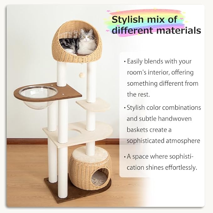 Wood Cat Tree 60'' with Woven Beds, 5-Level Natural Cat Condo with Sisal Posts & Clear Bubble Lounge, Multi-Level C at Furniture for Indoor Pets, Easy to Assemble (Brown-Particle Board)