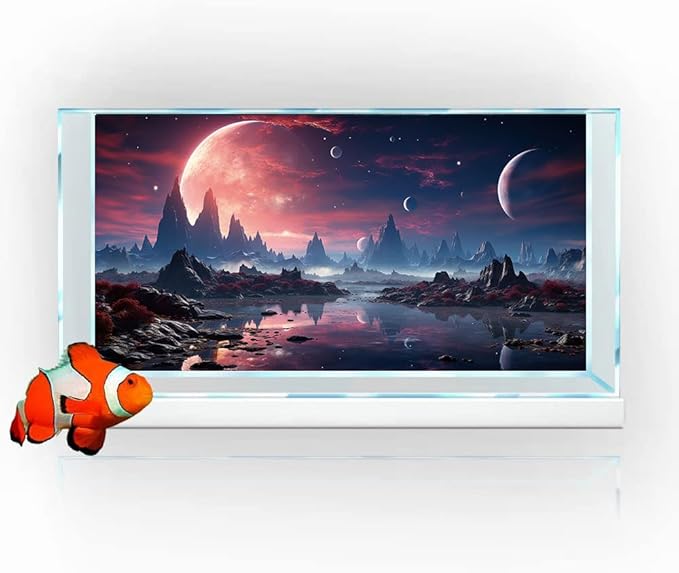30X18IN Cosmic Spaceterrarium Background, Cool Parallel Space Themed Aquarium Reptile Habitat Background, Red Moon Aquarium Background with 10EVA Double-Sided Tape