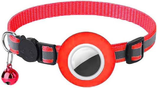 Tracker-Ready Breakaway Cat Collar (No Tracker Included) - Detachable GPS Holder + Safety Bell - Adjustable Reflective Collar with Quick-Release Buckle - for AirTag/Tile Compatible (Red)