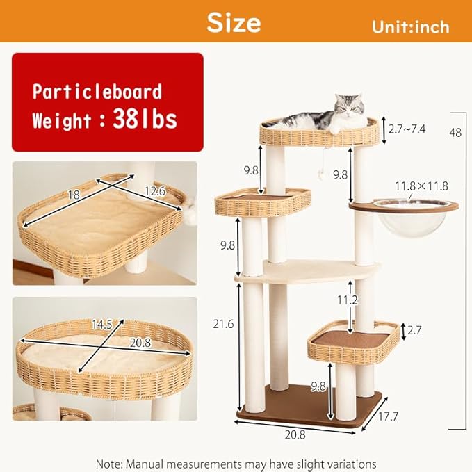 48'' Cat Tree for Large Cats, Modern Cat Tree Multi-Level Condo with Natural Wood, Cat Activity Centre for Medium and Big Pets