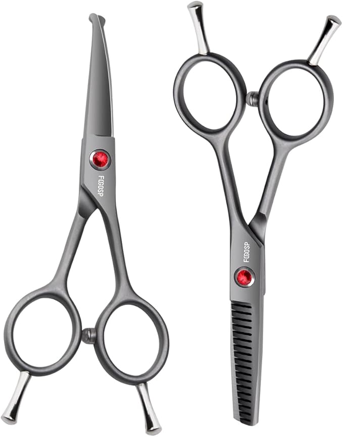 4.5" Dog Grooming Scissors - 2pcs Curved Scissors & Thinning Shears for Small Dog, Cat Face & Paws - Japan 440C (2Kit)