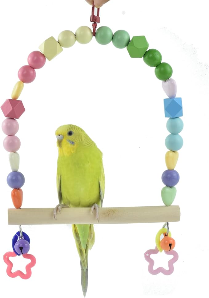 Wooden Bird Swing for Cockatiels Parrot Perch Hanging Toys Parakeets Birdcage Stands Cage Playground Play Gyms Accessories Colorful Bead Bell Climbing Toy for Lovebirds Conures Budgies