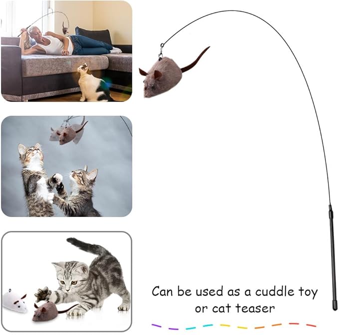 PAZ'S GIFT Cat Wand Toy, Mouse 2-Piece Catnip wzggle Sound Toy, Soft and Durable, Interactive cat Kick for Indoor Games