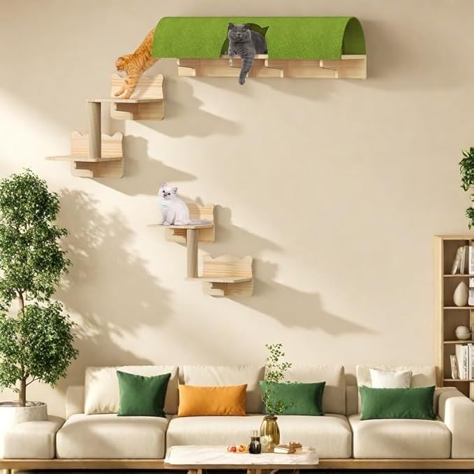 Cat Wall Shelves and Perches, Solid Wood Wall Cat Furniture, Set of 7 Feline Climbing Shelves with Bed, Steps, Scratching Post and Tunnel