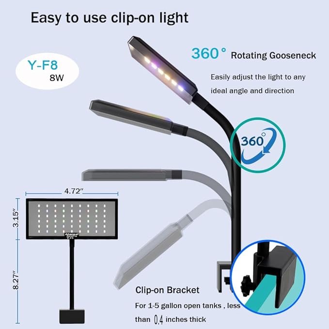 Mini Clip-On Aquarium Light 8W Full Spectrum LED Fish Nano Tank Light with Timer & Dimmer and 3 Lighting Modes for Freshwater Plants & Tropical Fish Ideal for 5-16 Inch Tanks (1-5 Gallons)