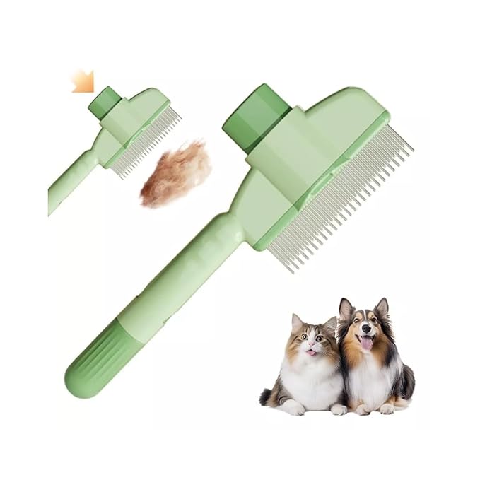 Pet Hair Removal Comb, Flea Brush with Release Button for Cat Dog, De-Shedding Cat/Dog Hair Comb, With Long & Short Stainless Steel Metal Teeth for Shedding(Green)