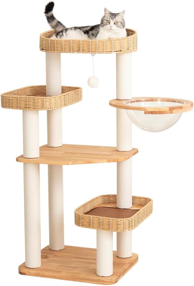 48'' Cat Tree for Large Cats, Modern Cat Tree Multi-Level Condo with Natural Wood, Cat Activity Centre for Medium and Big Pets (White LS02)