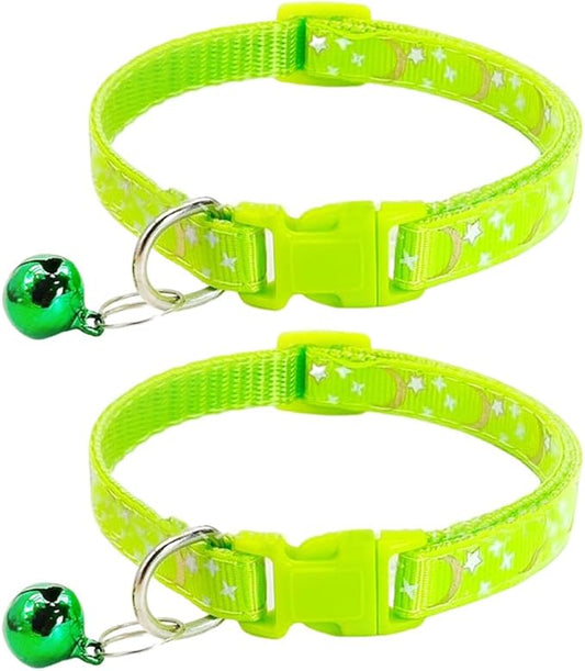 Reflective Cat Collars Breakaway with Bell Moons Stars 2 Pack Girl Boy Pet Kitten Collar Adjustable 7.5-12.5 Inch (Green)