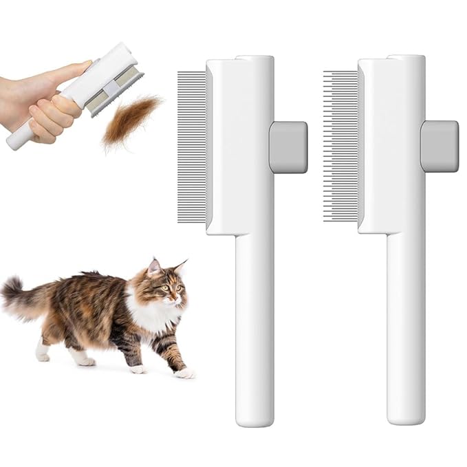 Marchul 2Pcs Pet Comb Flea Comb Set for Cats Dogs, Cat Grooming Brush with Release Button and Stainless Steel Round Teeth, Self-Cleaning Dog Combs for Removing Pet Hair, Knots & Loose Fur, White