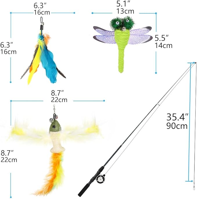 Pawaboo Cat Feather Toys, 4 Pack Interactive Cat Feather Teaser Wand Toys, Retractable Fishing Pole Wand Catcher Exerciser with Refill Fish, Dragonfly Worm with Bells, Fun Kitten Kitty Toy, Colorful