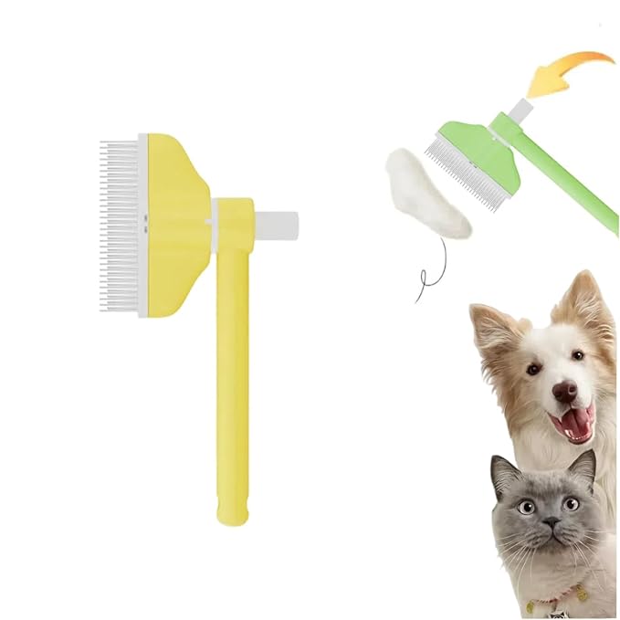 360° Press and Rotate Flea Comb for Cats and Dogs - Self-Cleaning Pet Hair Removal Tool with Release Button & Long-Short Stainless Steel Teeth for Shedding (Yellow)