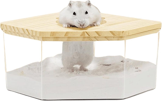 Hamster Sand Bath Box Container, Small Pet Sandbox Lid Design Wooden Sandbox Dust Bath, Transparent Bathroom & Digging Box Acrylic Syrian Hamster Litter Box Animal Accessories (D Small)