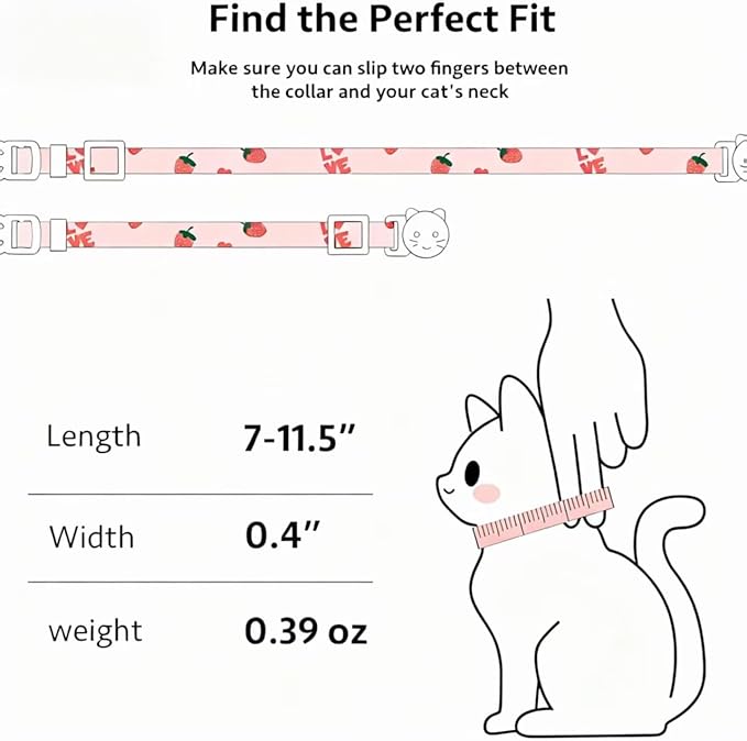 2-Pack Cotton Breakaway Cat Collar with Bell - Pink Strawberries & White Heart Pendant, Adjustable Soft Kitten Collar for Safety and Comfort