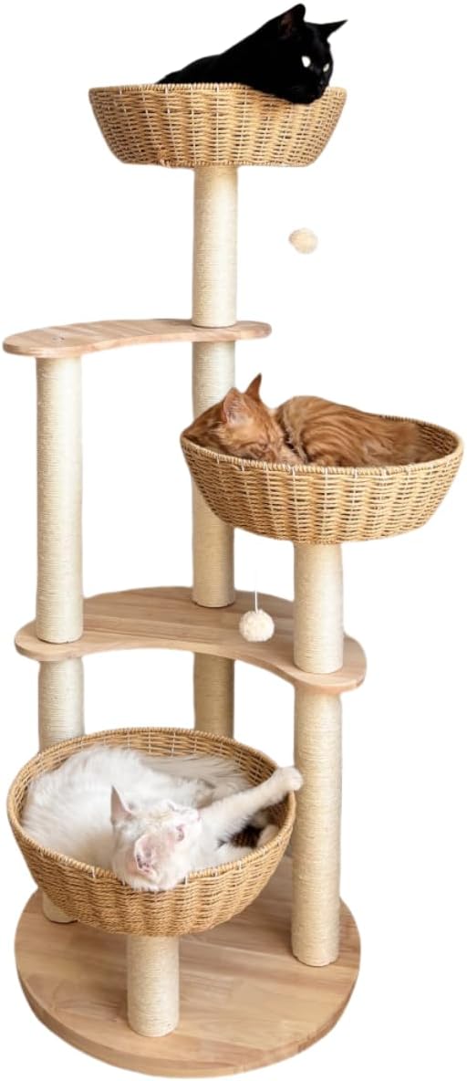 54" Large Modern Cat Trees, Luxury Rattan Oak Solid Wood Cat Trees Towers，3 Weaving Cat Nests & Washable Cool Cushions, Sisal Scratching Posts,Cat Condo for Indoor Cats- Wood Wax Oil Version
