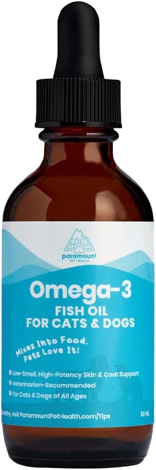 Wild-Caught Omega 3 Fish Oil for Dogs & Cats, Liquid EPA DHA Supplement for Skin, Coat, Joints & Heart, Low-Odor Omega 3 Drops for Small Dog Breeds & Cats with Itchy Skin, 2 oz